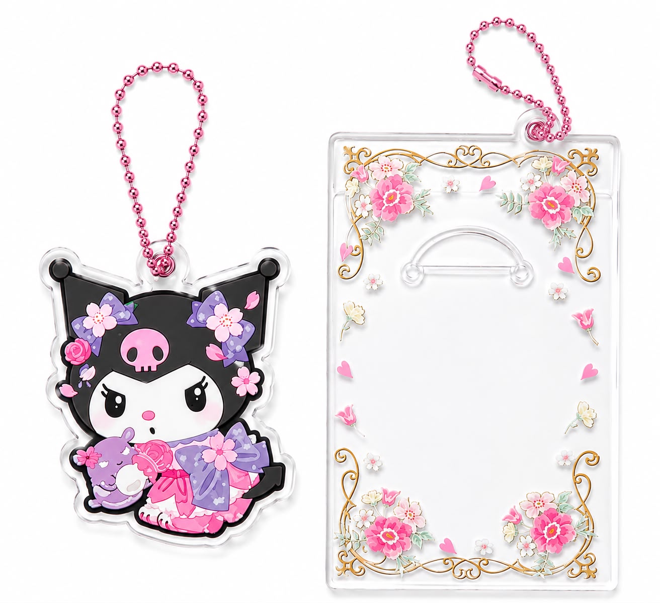 Kuromi Sakura 2pc Acrylic Keychain & Card Pouch Japanese Sanrio