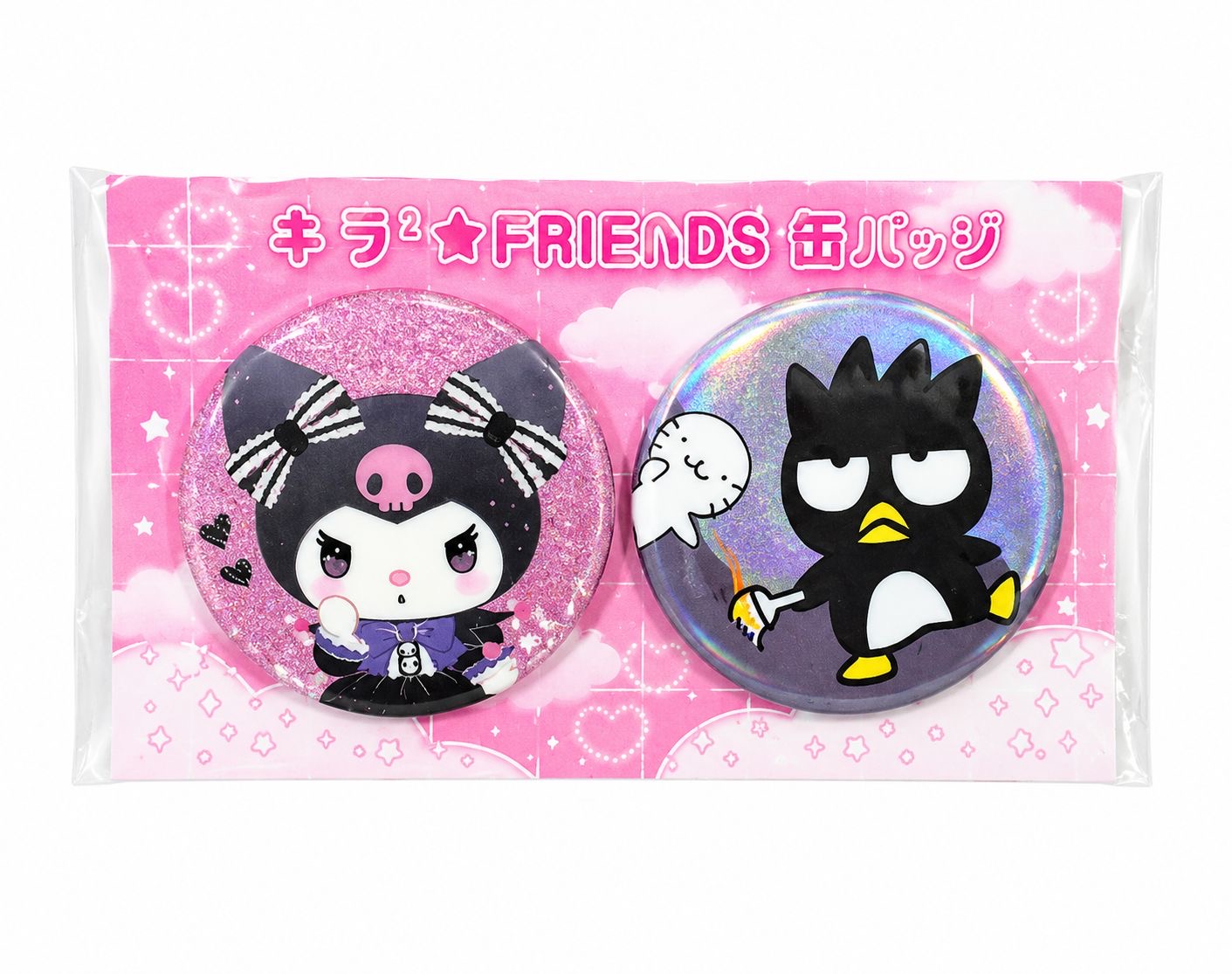 Kuromi x Badtz 2pc Glitter 4cm Japanese Sanrio Badges