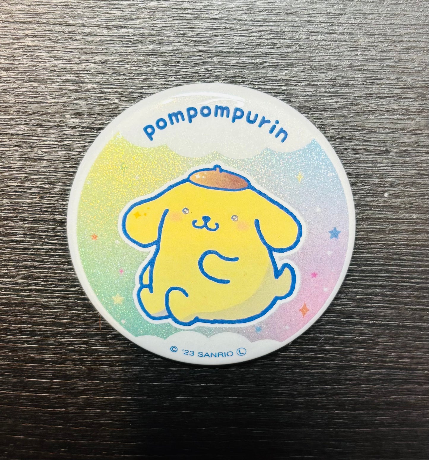 PomPomPurin Rainbow Sparkle 2023 5.5cm Japanese Sanrio Badge