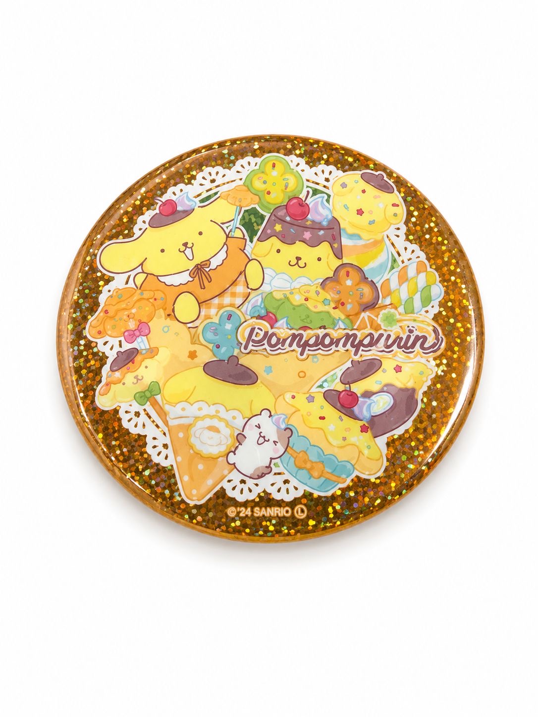 PomPomPurin Waffle Glitter 7.5cm Japanese Sanrio Badge