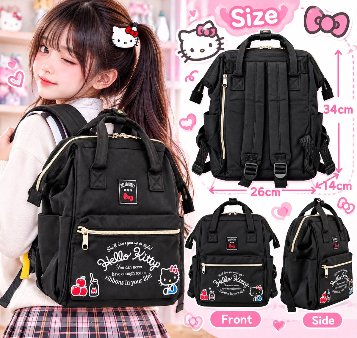Hello Kitty Black Japanese Sanrio Backpack Bag