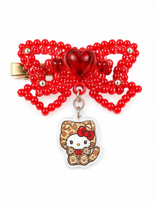 Hello Kitty Red Leopard Bling Bow Japanese Sanrio Hair Clip