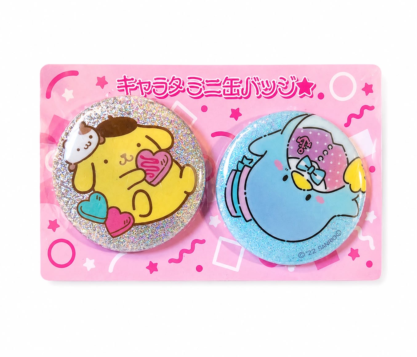 PomPomPurin x Tuxedo Sam 2pc Glitter 4cm Japanese Sanrio Badges